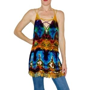 Forever 21 Rainbow Tie Dye Crochet Hippie Festival Tunic Tank Top